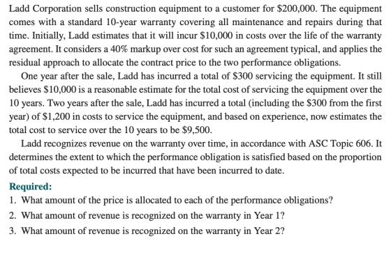 Ladd Corporation sells construction equipment to a customer for $200,000. The equipment comes with a standard 10-year warrant