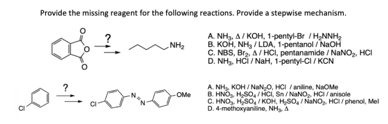 Provide the missing reagent for the following reactions. Provide a stepwise mechanism. ? NH2 A. NH3, A / KOH, 1-pentyl-Br 7H2