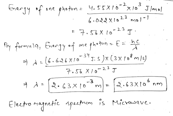 thergy of one photon = 4.55x10 -2 x 103 Ilmol 6.024x1023 mol = 7.56 X10-23]. By formu 19, Energy of one photon = E= ne d=66.6