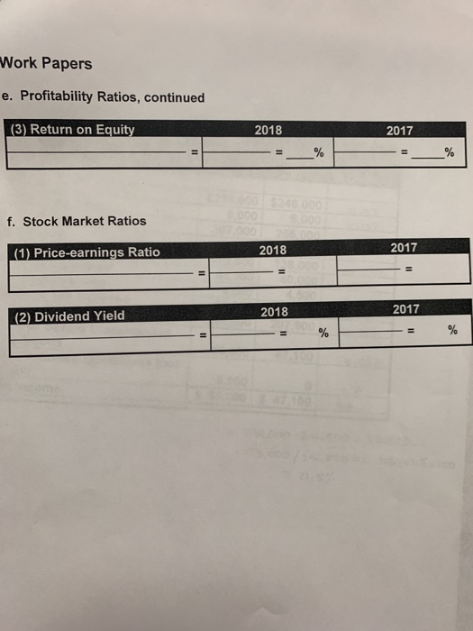 Work Papers e. Profitability Ratios, continued (3) Return on Equity 2018 2017 00246 000 000 000 f. Stock Market Ratios 000 20