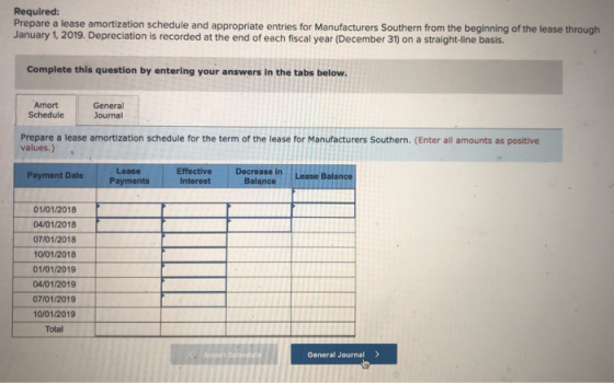 Required: Prepare a lease amortization schedule and appropriate entries for Manufacturers Southern from the beginning of the