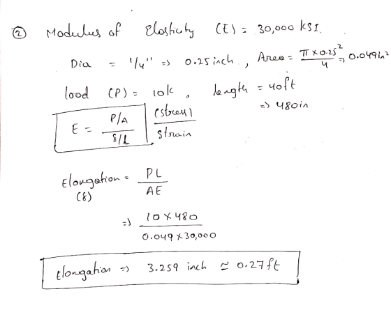 © Modulus of Elasticity (E.) = 30,000 KSI. Dia = /4 >> 0.25inch., Areo - TT 20,25, 0.0494? lood (P) = lok length = noft =) 4