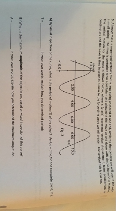 heavy mass is suspended vertically from a large spring anchored at one end, similar to the scenario wie h mall spring. The mass is perturbed from equilibrium and allowed to the move up and down with simpom equilibrim in 5. A simple-harmonic motion from equilibrium in n with The vertical motion for the mass is shown below, where x (y-axis) represents vertical displacement oris is x in cm. centimeters and the x-axis is time in seconds, similar to the force-time curve we will create. The vetical s x(c 10 8.00 10.0 t(s) 2.00 4.00 6.00 Fig. 3 -10.0 A) By visual inspection of the curve, what is the period of motion (T) of the object? Period -time for one complete cycle, in s In your own words, explain how you determined period: B) What is the maximum amplitude of the object in cm, based on visual inspection of this curve? In your own words, explain how you determined the maximum amplitude.