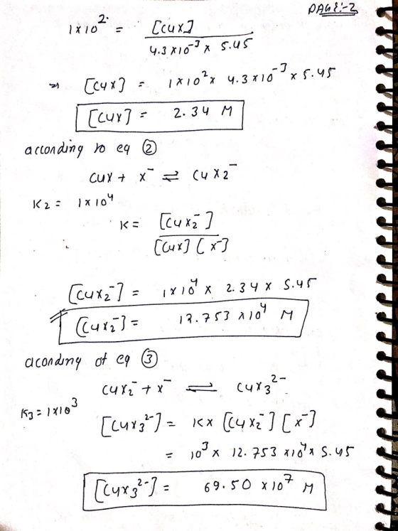 LLLLL PAGE-3 1x10²= [cux] 4,30103 x 5.45 » [c4x} = 1x10²x 4.3x10 3x5.45 [[cux] = 2.34 M 1 according ro en © Cux + x = cuxz K2