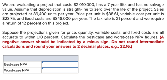 We are evaluating a project that costs $2,010,000, has a 7-year life, and has no salvage value. Assume that depreciation is s