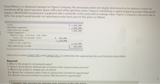 Casey Nelson is a divisional manager for Pigeon Company. His annual pay raises are largely determined by his divisions retur