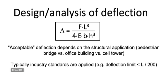 Design/analysis of deflection F. L 3 A = 4. E. b. h3 “Acceptable” deflection depends on the structural application (pedestria