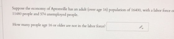 Suppose the economy of Aptonville has an adult (over age 16) population of 16400, with a labor force of 11480 people and 574