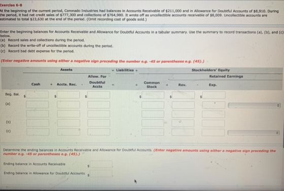 Exercise 6-8 At the beginning of the current period, Coronado Industries had balances in Accounts Receivable of $211,000 and
