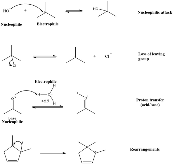 a HO + Nucleophilic attack Nucleophile Electrophile x ci Loss of leaving group Electrophile H- 0+ acid W Proton transfer (aci