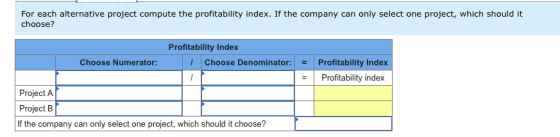 For each alternative project compute the profitability index. If the company can only select one project, which should it choose? Profitability Index Choose Numerator:Choose DenominatorProfitability Index Profitability index Project A Project B If the company can only select one project, which should it choose?