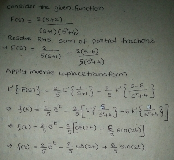 consider the given function) FCs)= 2(s+2) Resalve RHS Summ of ponthol frachonms 5(3+4) Apply inverse Loplacetrans Forno っ