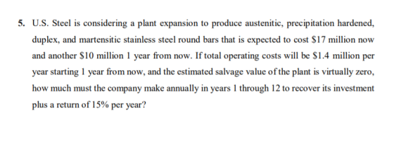 5. U.S. Steel is considering a plant expansion to produce austenitic, precipitation hardened, duplex, and martensitic stainle