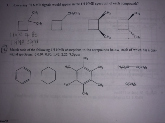 3. How many H NMR signals would appear in the 1H NMR spectrum of each compounds? CHE CH2CH3 CH3 CH3 cs I CH₂ I type of its C