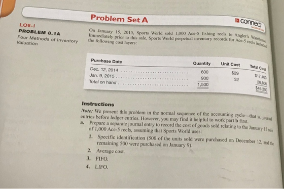 Problem Set A connect LO8-1 PROBLEM 8.1A Four Methods of Inventory Valuation On January 15, 2015, Sports World sold 1,000 Ace