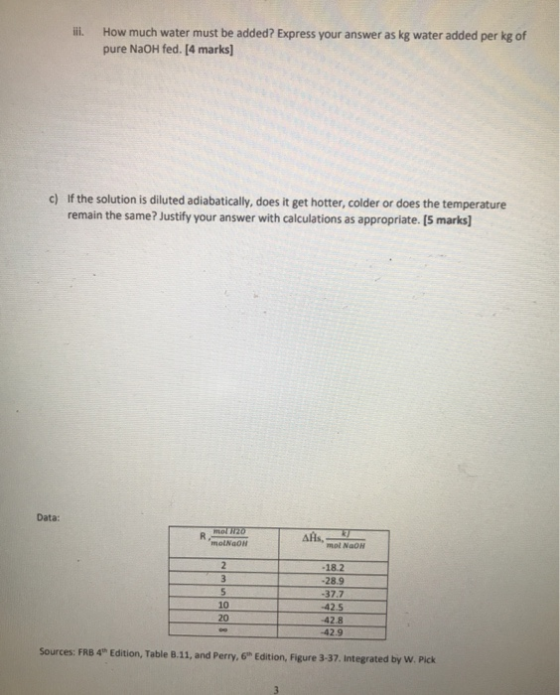 ill. How much water must be added? Express your answer as kg water added per kg of pure NaOH fed. [4 marks] c) If the solutio