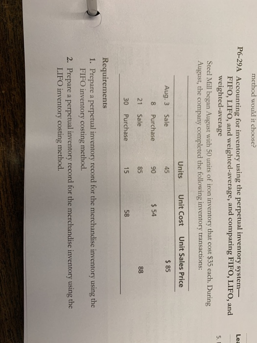 method would it choose? P6-29A Accounting for inventory using the perpetual inventory system- FIFO, LIFO, and weighted averag