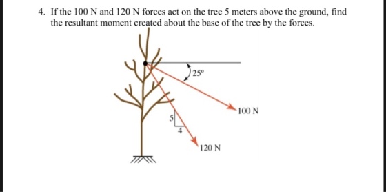 4. If the 100 N and 120 N forces act on the tree 5 meters above the ground, find the resultant moment created about the base of the tree by the forces 25° 100 N 120 N