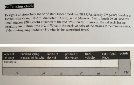 #2 Torsion clock Design a torsion clock made of steel (shear modulus 79.3 GPa, density 7.9 g/cm3) based on a torsion wire (le