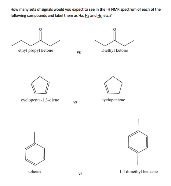 How many sets of signals would you expect to see in the 1H NMR spectrum of each of the following compounds and label them as