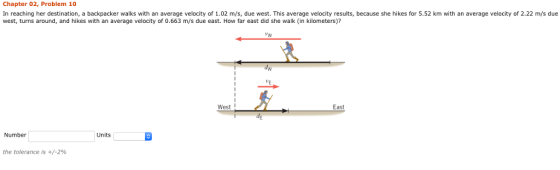 Chapter 02, Problem 10 In reaching her destination, a backpacker walks with an average velocity of 1.02 m/s, due west. This average velocity results, because she hikes for 5.52 km with an average velocity of 2.22 m/s due west, turns around, and hikes with an average velocity of 0.663 m/s due east. How far east did she walk (in kilometers)? VE West East Number Units the tolerance is +/-2%