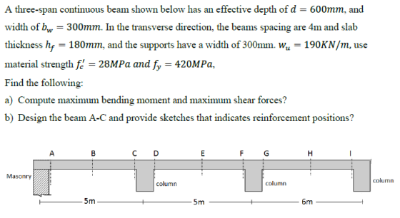 A three-span continuous beam shown below has an effective depth of d = 600mm, and width of bw = 300mm. In the transverse dire
