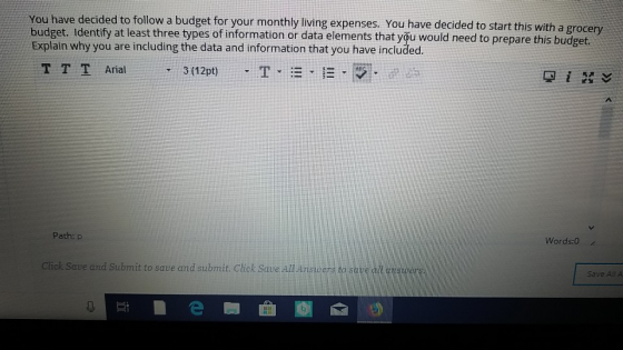 You have decided to follow a budget for your monthly living expenses. You have decided to start this with a budget. Identify at least three types of information or data elements that you would need to prepare this budget. Explain why you are including the data and information that you have included. grocery T T T Arial3(12pt) Path: p Words:0z Ciol Save and Submit to save and submit. Cliek Save all neuer tosure ai Save All A