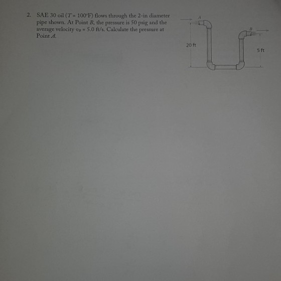 2. SAE 30 oil (T- 100°F) flows through the 2-in diameter pipe shown. At Point B, thep average velocity vB 5.0 ft/s. Calculate the pressure at Point A ressure is 50 psig an 20 ft 5 ft