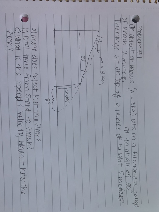 Problem #1 an object of mas: kg) sits on a frictionless range of length 2 meters, at an angle of 30. The range sit on top of