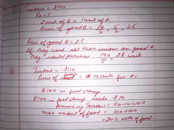 Income = $140 PA=5 2 unit of B = lenit of A berice of good B = PA 5 25 Puis of good B= 25 Is they used all their income on go
