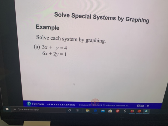 Solve Special Systems by Graphing Example Solve each system by graphing. (a) 3x + y = 4 6x + 2y=1 ALWAYS LEARNING Copyright 2