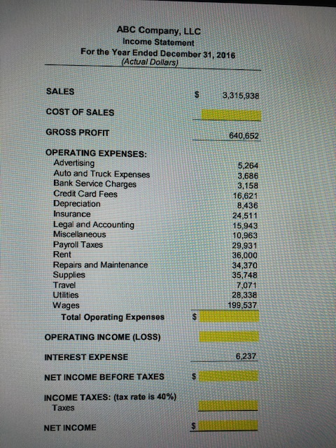 ABC Company, LLC Income Statement For the Year Ended December 31, 2016 (Actual Dollars) SALES 3,315,938 640,652 COST OF SALES