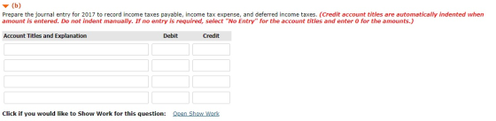 (b) Prepare the journal entry for 2017 to record income taxes payable, income tax expense, and deferred income taxes. (Credit