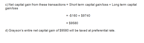 c) Net capital gain from these transactions - Short term capital gain/loss + Long term capital gain/loss = -$160 + $9740 = $9