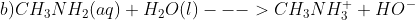 b) CH_3NH_2(aq) + H_2O(l) ---> CH_3NH_3^+ + HO^-