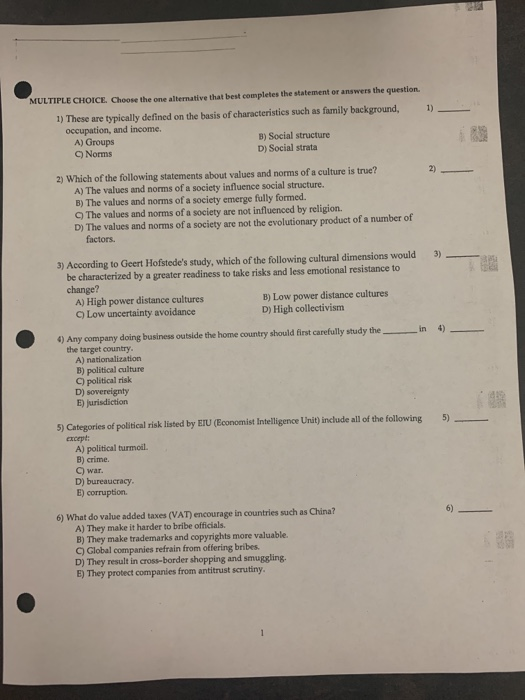 MULTIPLE CHOICE, Choose the one alternative that best completes the statement or answers the question. 1) These are typically