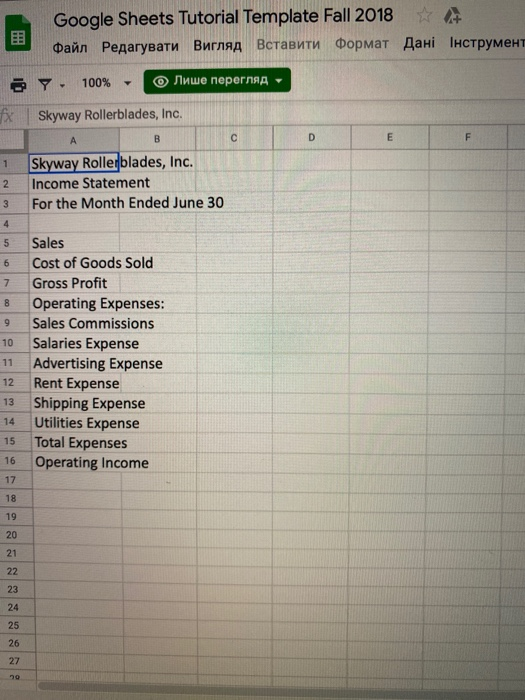 Google Sheets Tutorial Template Fall 2018 Файл Редагувати Вигляд Вставити Формат Дані Інструмент Y. 100% - Nuwe neperns - fx