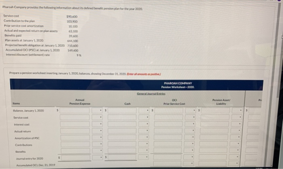 Pharoah Company provides the following information about its defined benefit pension plan for the year 2020. $90.600 Service