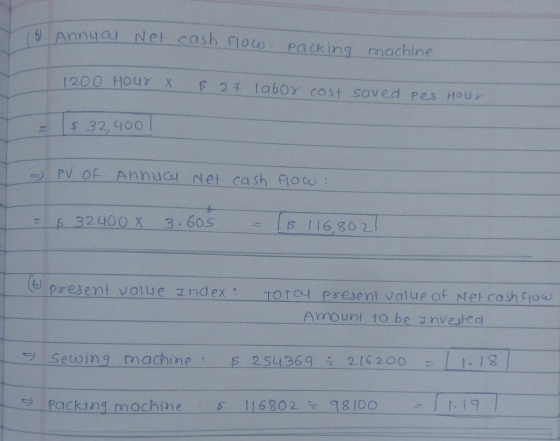 TH Annual Net cash flow Packing machine 1200 Hour & 27 labor cost saved pes Hour $ 32,400) - PV OF Annuces Net cash flow : =