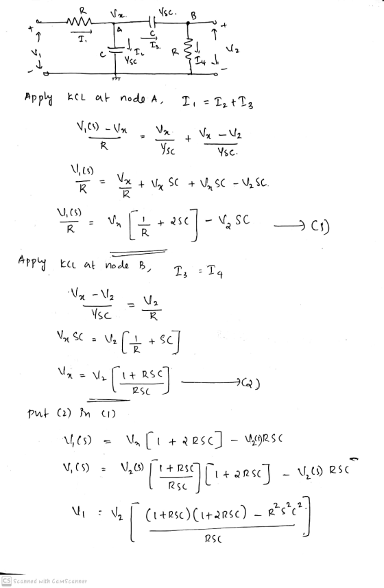 R M Vhe. Vsc. B A a 1, U2 c Ysc Iy Ji TT Apply KCL at node A, I, = I₂ + I3 V,Cs) - Van R Va Ysc + Va - V₂ Yse. 11.08) R Va +