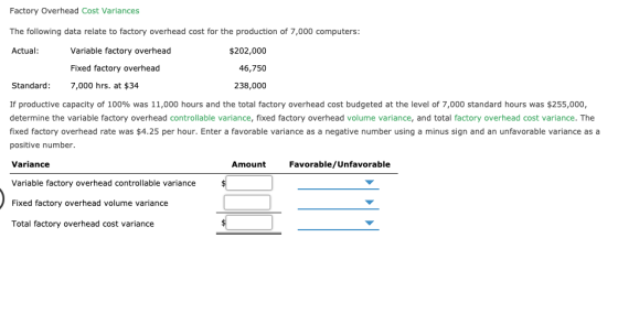 Factory Overhead Cost Variances The following data relate to factory overhead cost for the production of 7,000 computers: Act