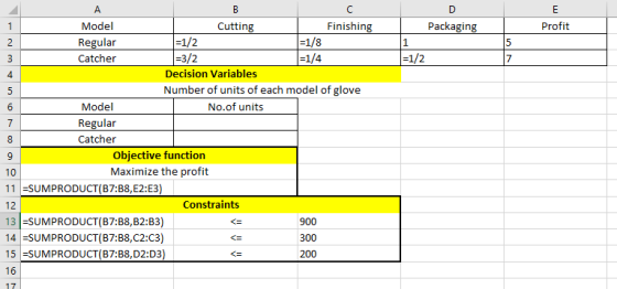 Packaging Profit = 1/2 А Model Cutting Finishing Regular =1/2 =1/8 Catcher =3/2 =1/4 Decision Variables Number of units of ea