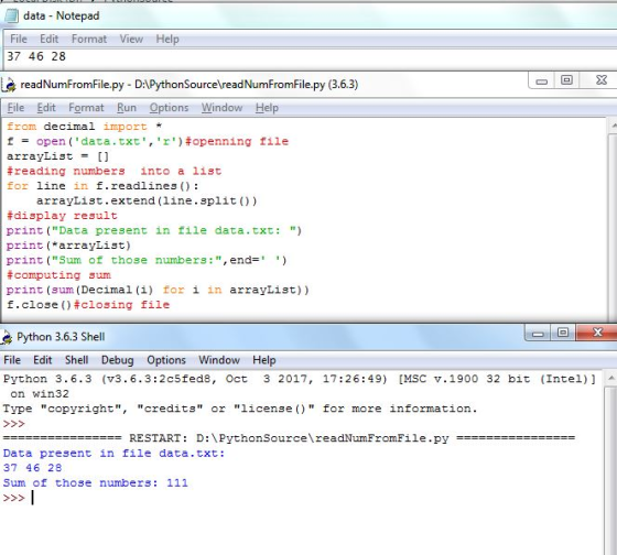 data Notepad File Edit Format View Hel 37 46 28 readNumFromFile.py - D: PythonSourcelreadNumFromFile.py (3.6.3) 1回 File Edit