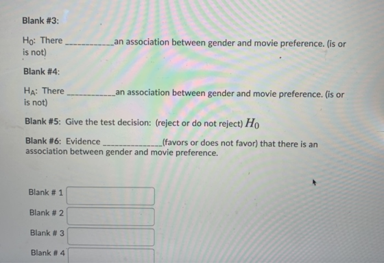 Blank #3: Ho: There is not) an association between gender and movie preference. (is or Blank #4: HA: There an association bet