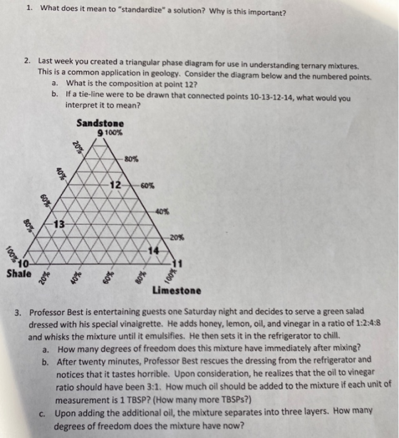 What does it mean to standardize a solution? Why is this important? 1. Last week you created a triangular phase diagram for