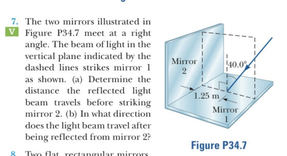 7. The two mirrors illustrated in Figure P34.7 meet at a right angle. The beam of light in the vertical plane indicated by th