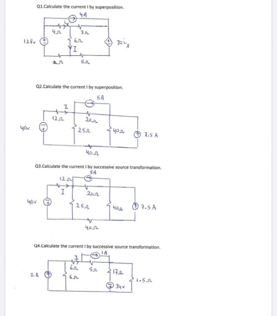 Q1.Calculate the current I by superposition. 44 Чл 3r 128v 16 1 3oi, - 5.2 Q2.Calculate the current I by superposition. 54 12