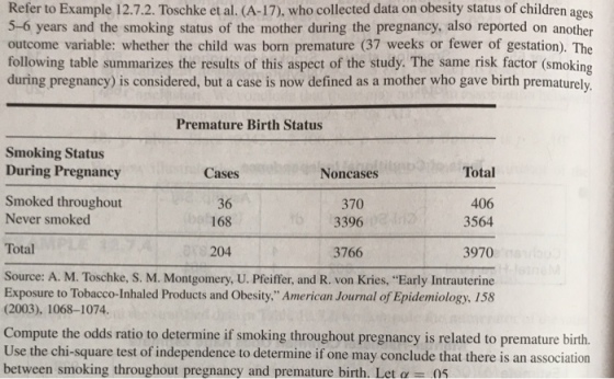 Refer to Example 12.7.2. Toschke et al. (A-17). who collected data on obesity status of children ages 5-6 years and the smoking status of the mother during the pregnancy, also reported on another outcome variable: whether the child was born premature (37 weeks or fewer of gestation). The following table summarizes the results of this aspect of the study. The same risk factor (smoking during pregnancy) is considered, but a case is now defined as a mother who gave birth prematurely Premature Birth Status Smoking Status During Pregnancy Cases Noncases Total Smoked throughout Never smoked 36 168 370 3396 406 3564 Total 204 3766 3970 Source: A. M. Toschke, S. M. Montgomery, U. Pfeiffer, and R. von Kries, Early Intrauterine Exposure to Tobacco-Inhaled Products and Obesity, American Journal of Epidemiology, 158 (2003), 1068-1074 Compute the odds ratio to determine if smoking throughout pregnancy is related to premature birth. Use the chi-square test of independence to determine if one may conclude that there is an association between smoking throughout pregnancy and premature birth. Let a-05