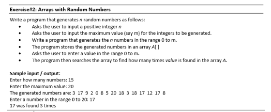 Exercise#2: Arrays with Random Numbers Write a program that generates n random numbers as follows: Asks the user to input a p