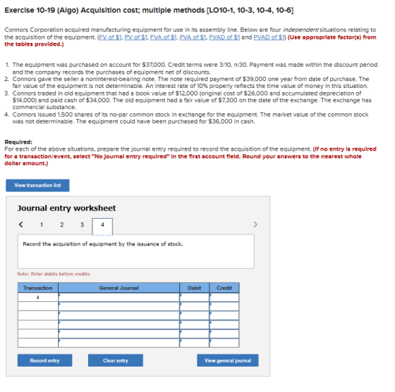 Exerclse 10-19 (Algo) Acquisition cost; multiple methods [LO10-1, 10-3, 10-4, 10-6] Connors Corporation acquired manufacturin
